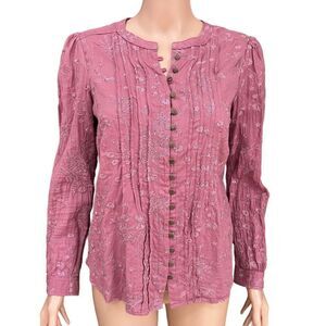 Anthropologie Pilcro Button Embroidered Blouse Rose Pink Cotton Blend Size S.